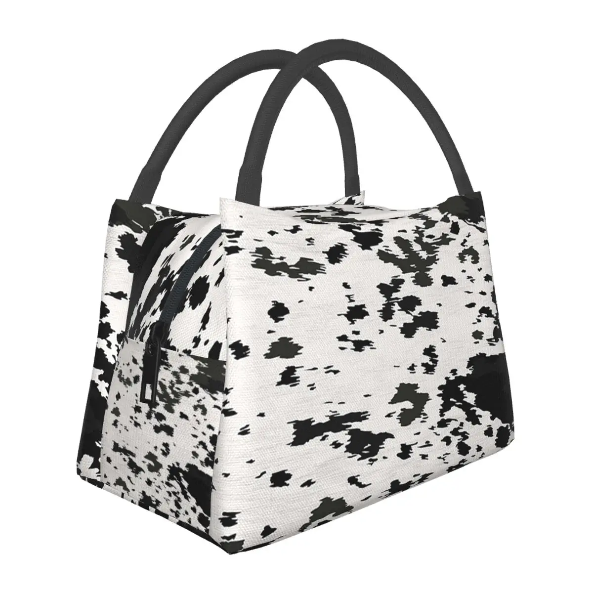 Cow Hide Black And White Lightweight Handheld Insulated Lunch Bag Aluminum Foil Liner for Adults Students Travel Picnic