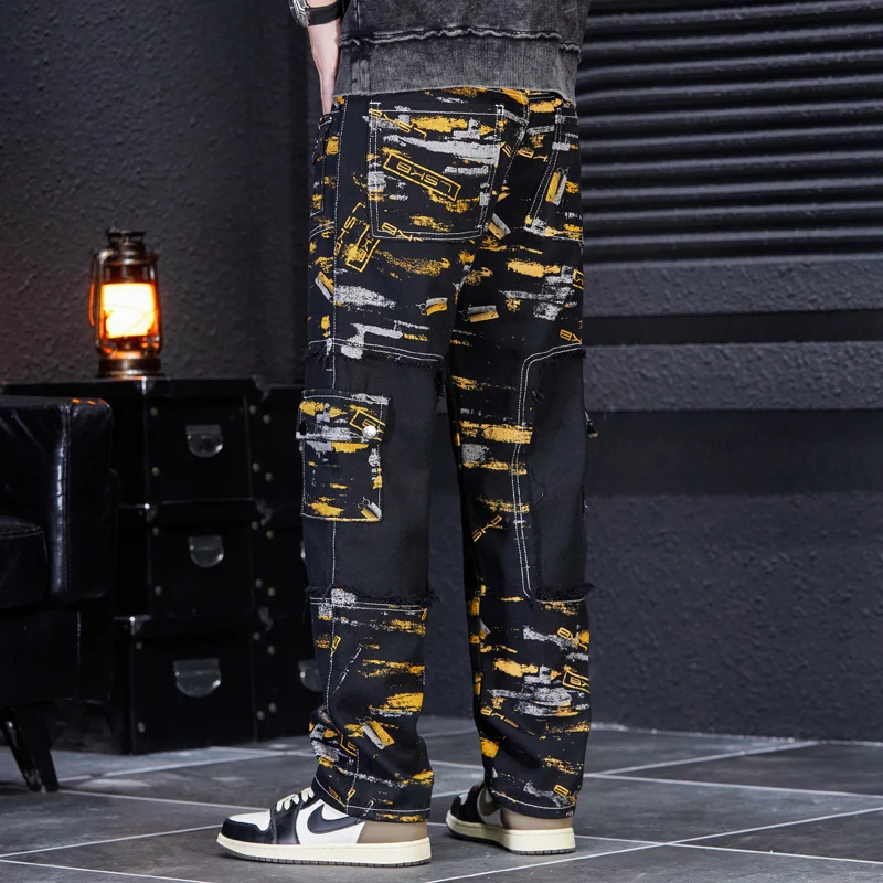 2024 New Denim Trousers Men's Street Fashion Cowboy Black Printing Stitching Contrast Color Multi-Pocket Decorative Trousers
