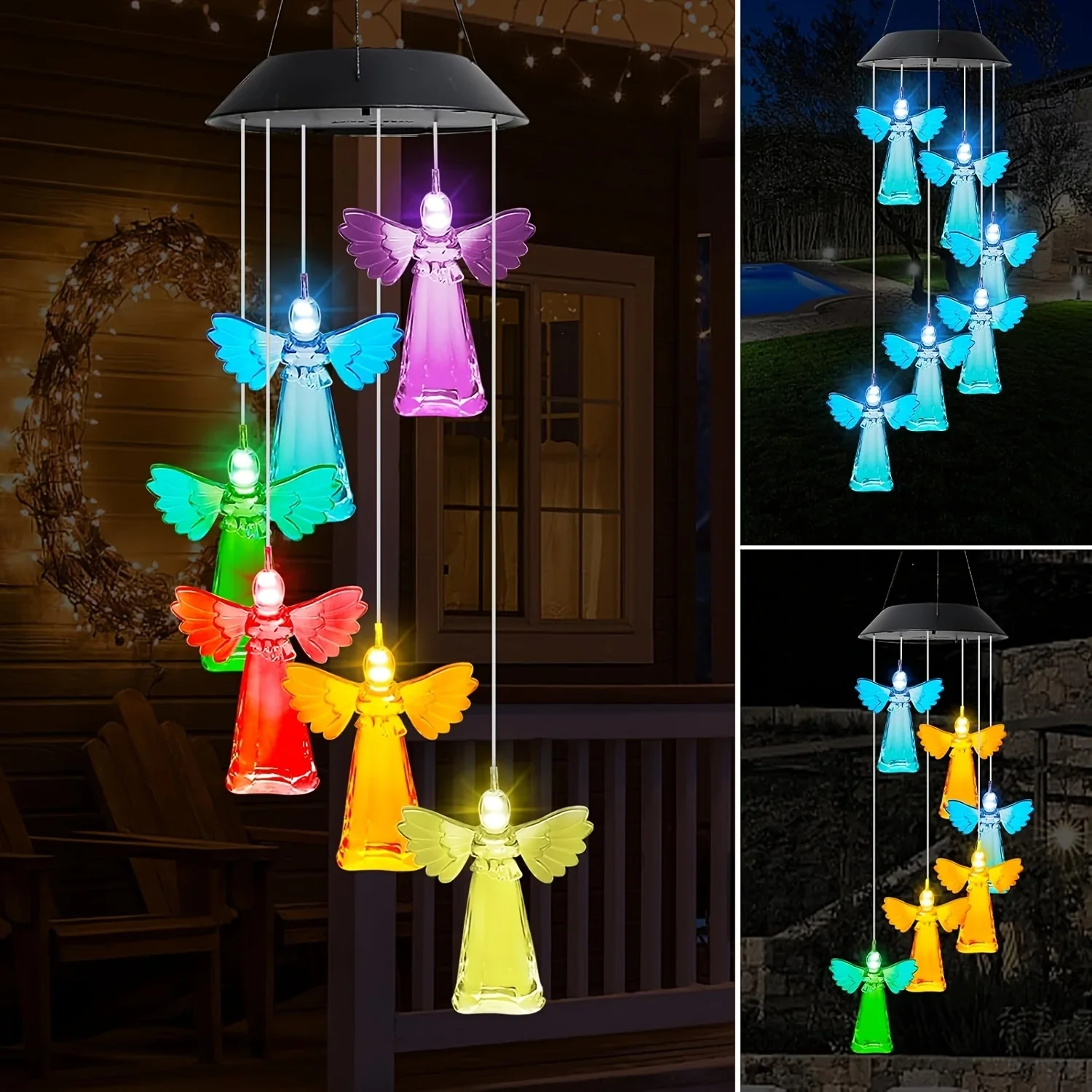 Outdoor Solar Hanging Angel Wind Chime Lights, Color Changing LED Decor Solar Lamp, Garden Patio Yard Holiday Decorative Light
