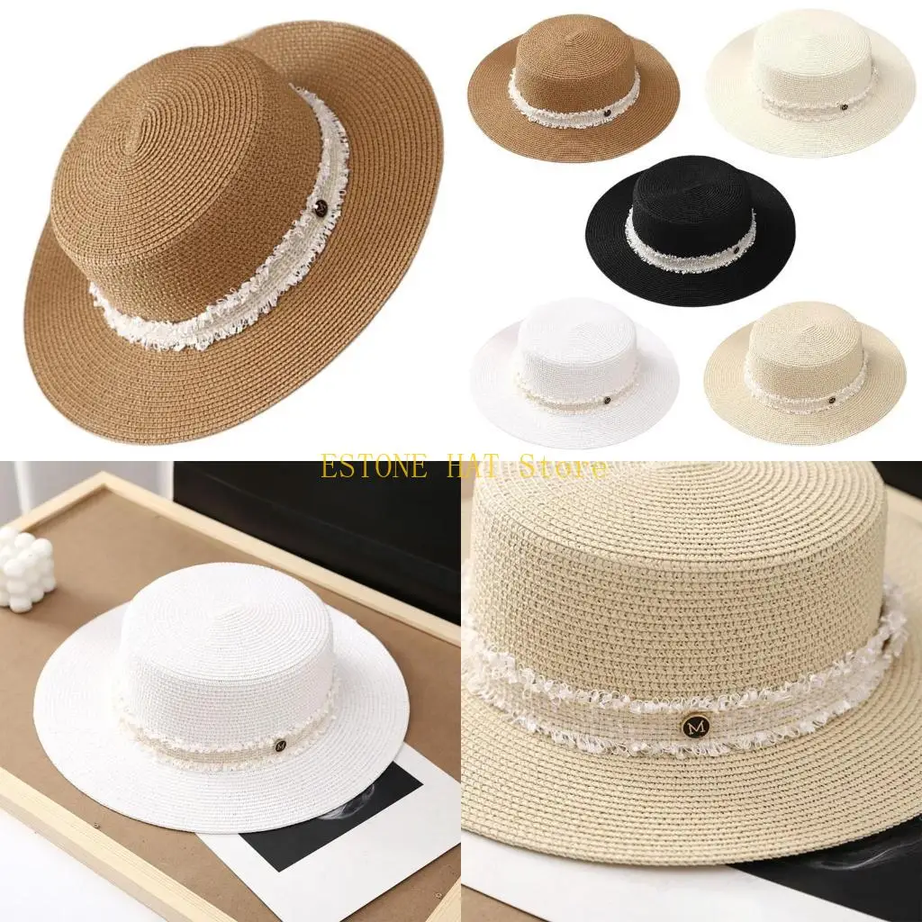 49MF Elegant Braided Belt Handmade Straw Hat Beach Wear Surprise Gift for Girlfriend