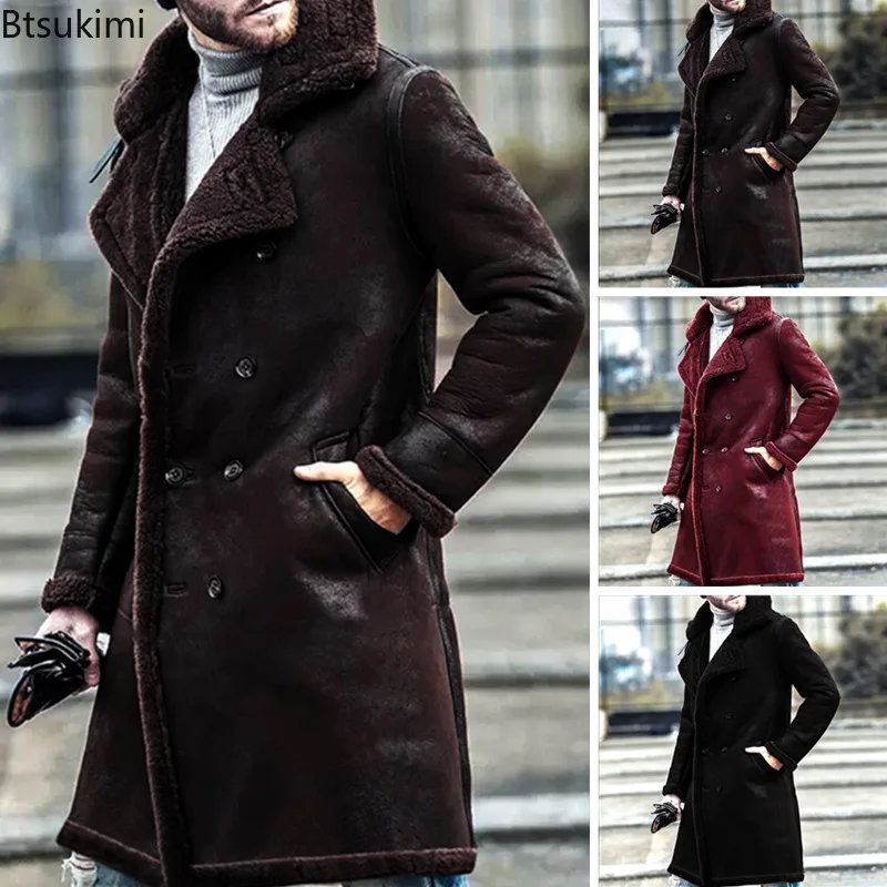 

New 2026 Men's Casual Solid Vintage Faux Fur Coats Autumn Winter Warm Long Jackets Fashion Double Breasted Thicken Men Outerwear