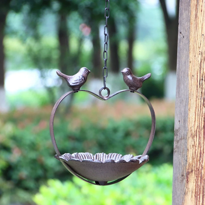 Vintage Cast Iron Hanging Bird Feeder Bath Rustic Heart Flower Bird Dish Wrought Iron Patio Lawn Garden Ornament Feeding Station