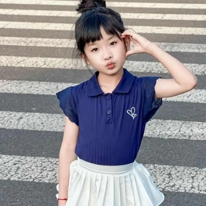 Girls T Shirt 2026 Summer Loose and Versatile Tops for Older Children Knitted Fashionable Summer Short Sleeved Clothes