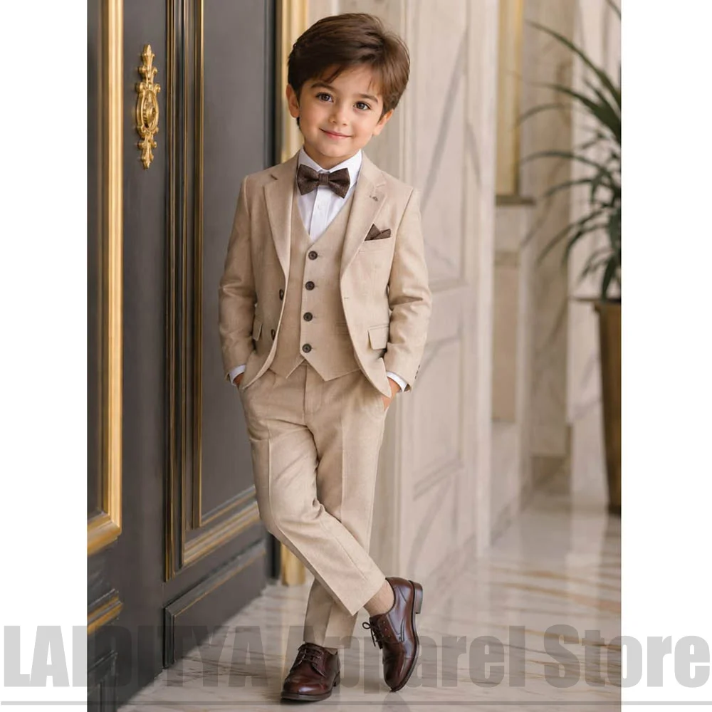 Beige Linen Boys 3 Piece Suit Blazer Vest Pants Daily Casual Wear Kids Wedding Page Boy Graduation Gentleman Formal Outfit