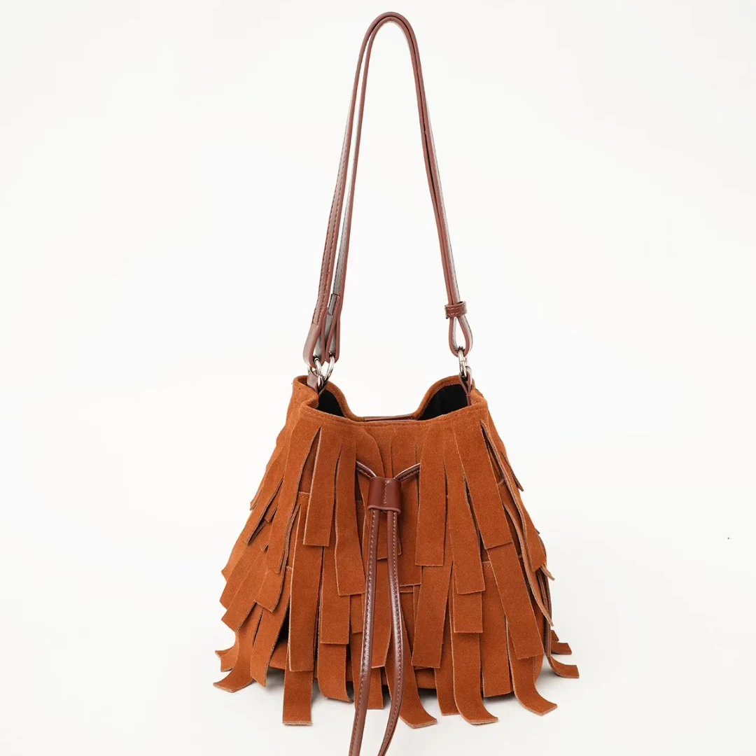 

Suede Tassel Bucket Bag 2025 New Niche Design Frosted Cowhide Vintage Bohemian Vintage Fashion Women One-Shoulder Crossbody Bag