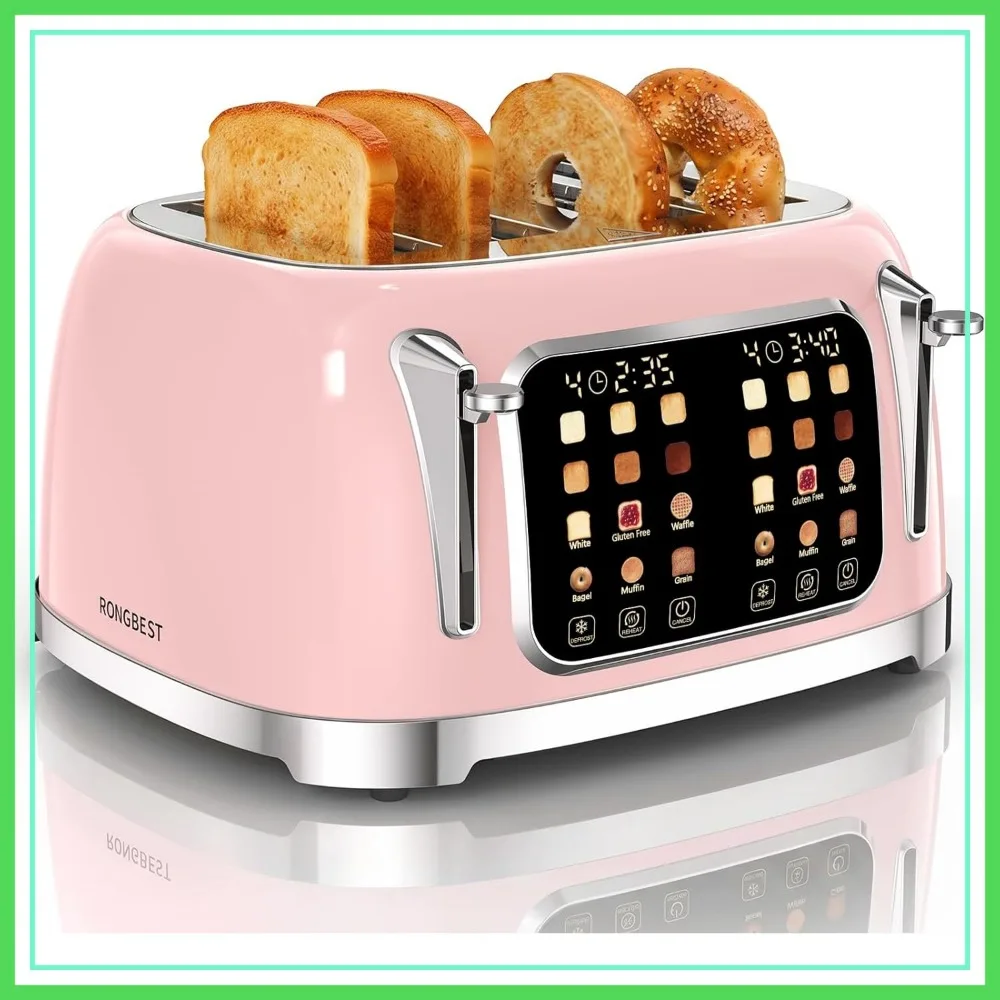 

4 Slice Retro Toaster with Touchscreen, Wide Slot, 6 Browning Levels, Reheat & Defrost, Removable Crumb Tray, Blush Pink