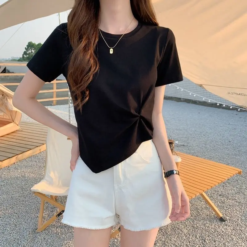 Irregularly short sleeves T-shirt Woman's New style Summer Half Sleeve High Waist Short Tops Solid colour Oneck ladies' clothing