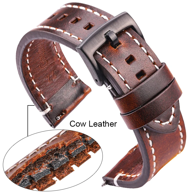 Genuine Leather Watchbands 18mm 20mm 22mm 24mm Black Dark Brown Women Men Cowhide Watch Band Strap Belt With Buckle