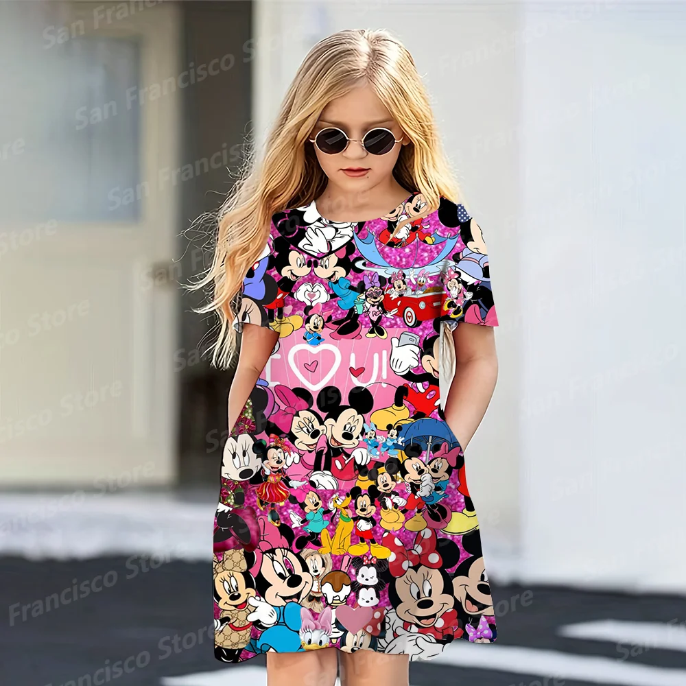 

Summer Disney Series Mickey Minnie 3D Cartoon Pattern Girl Casual Dress KID/Adult O-Neck Short Sleeve Parent-Child Dress