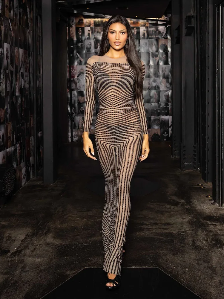 Ahagaga Moda Hot Stamping Dress Per Le Donne Sheer Regular Maniche Lunghe Guaina Aderente Tendenza Stampa A Righe Partito Abiti Sexy