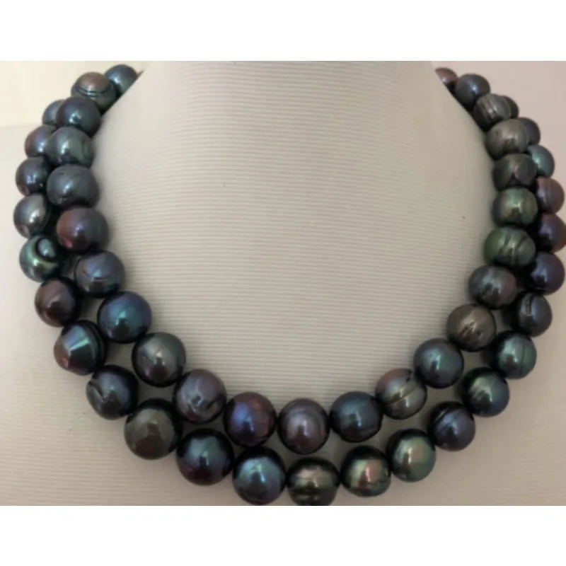 Double-strand AAA + 10-11mm Tahitian Black Women's Pearl Necklace 14K Clip 18-20 In