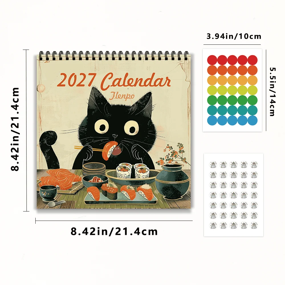 1pc 2027 Sushi Black Cat Wall Calendar,12‑Month Planner,Gift For Back‑to‑School,Christmas,New Year,Free Stickers Included