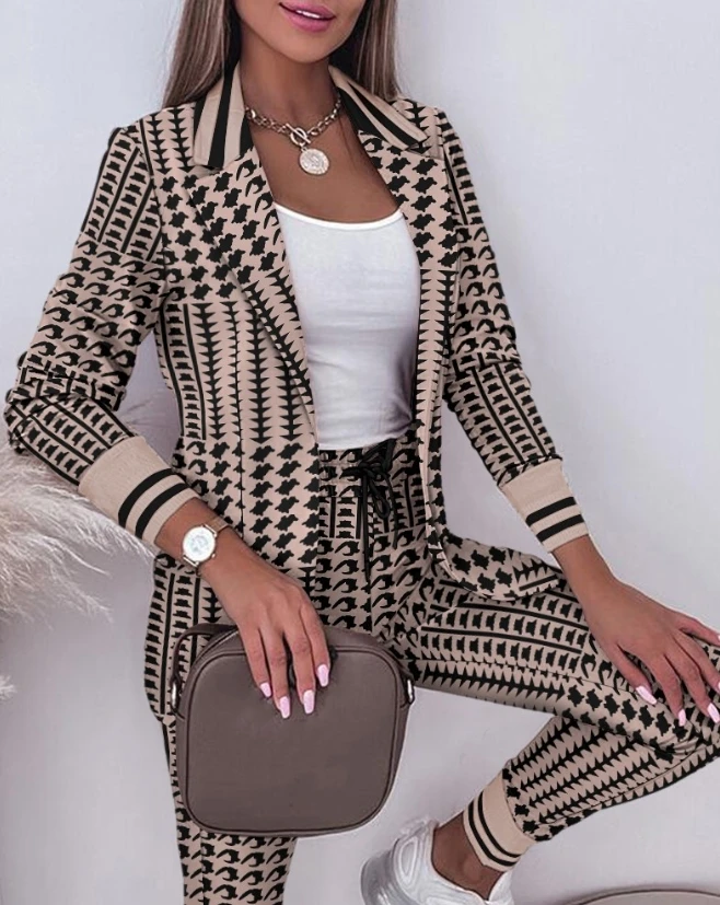 Striped Split Collar Suit Coat and Drawstring Pants Set Latest 2023 Fashion Women\'s Hot Selling Simple, Proud, and Generous