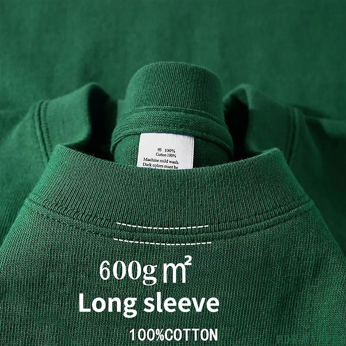 600G Heavy-Duty-Langarm-T-Shirt für Herren, American Bundle Bottoming-Shirt mit kleinem Ausschnitt, lockeres, grünes Oberteil aus reiner Baumwolle für Herren
