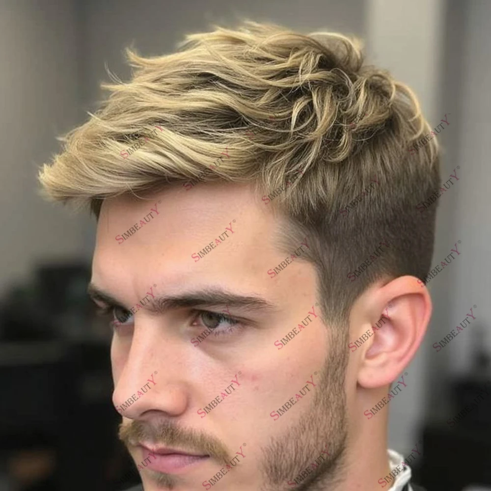 Realistic Natural Hairline Premium Transparent Thin Skin Ombre Blonde Human Hair Toupee for Men Capillary Prosthesis 0.06mm Wig