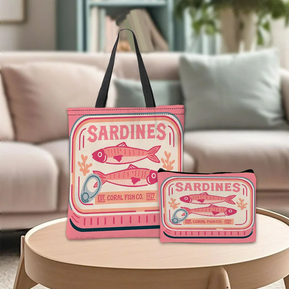 Whimsical Sardines Pink Handbag Cosmetic Pouch Combination Bags Fashion Marine Theme Daily Use Shoulder Bag Travel Work Bags