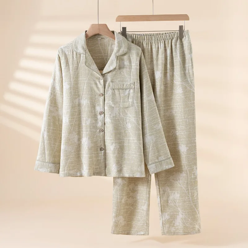 Cotton-Linen Yarn-Dyed Pajama Set. Classic Button-Front Lapel Top & Pants Breathable Multi-Season Couple's Home Wear Casual