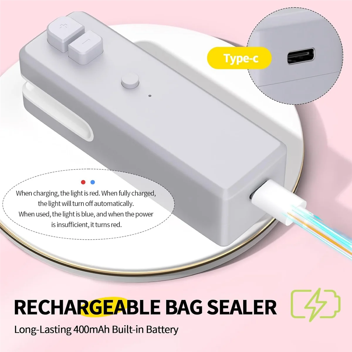 Bag Sealer , 3 in 1 Mini Bag Sealer Heat Seal with Cutter & Magnet,Rechargeable Mini Chip Bag Vacuum Sealer Machine Grey