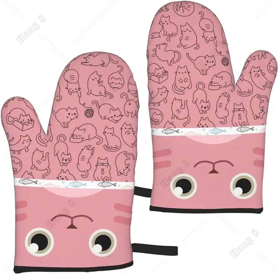 

Pink Cat Cute Oven Mitts Sets of 2 for Women Heat Insulation Non-Slip Gloves for Cooking Baking Grilling BBQ Gifts Kitchen