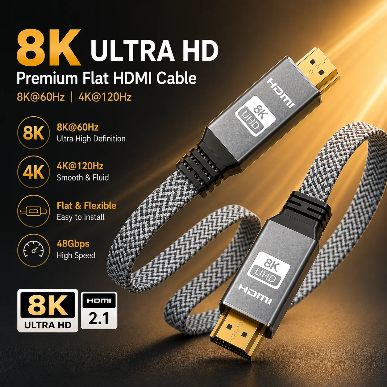 8K HDMI 2.1 Cable, 48Gbps Flat Braided HDMI Cord, Supports 8K60Hz and 4K120Hz, Aluminum Alloy Shell for TV, Monitor, Projector