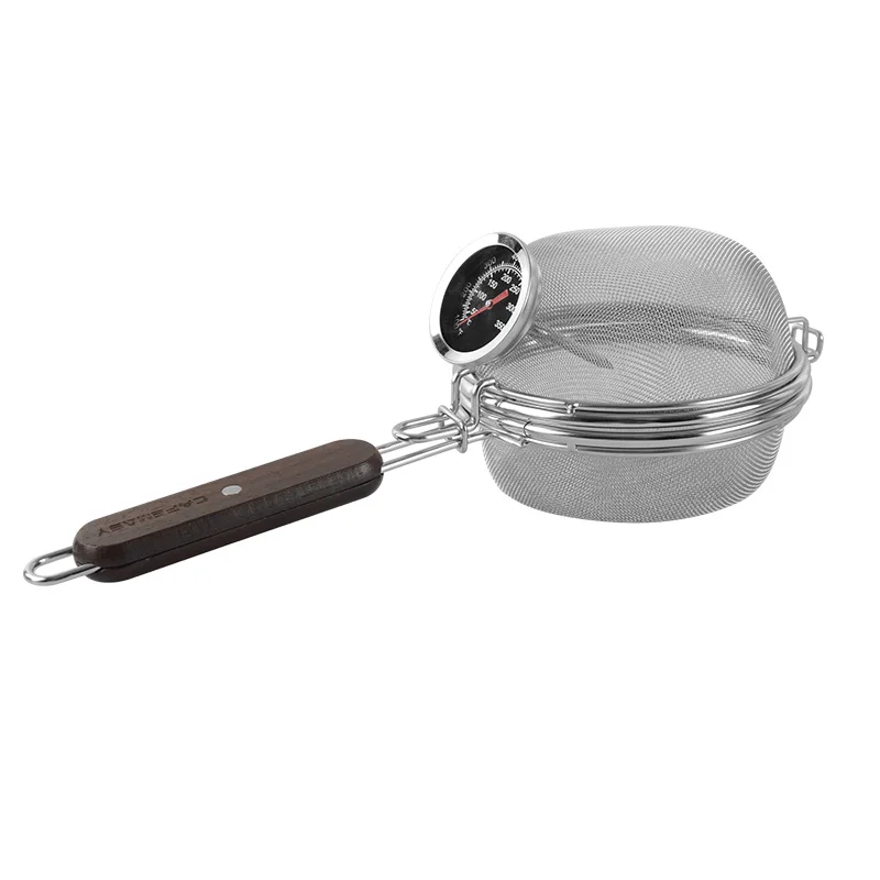 

Сетка для обжарки кофе из нержавеющей стали с деревянной ручкой и термометром, сетка для обжарки жареных зерен, домашняя жаровня для кофейных зерен с открытым огнем