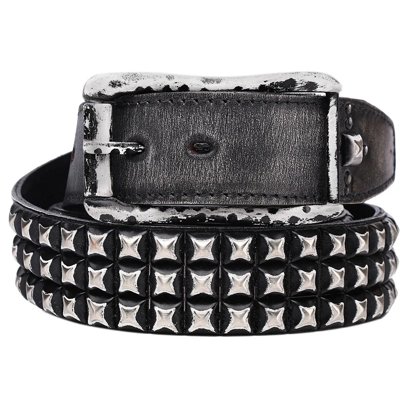 men fashion genuine leather studded belt vintage pin buckle belts punk rock dress strapon black red brand designer waistband