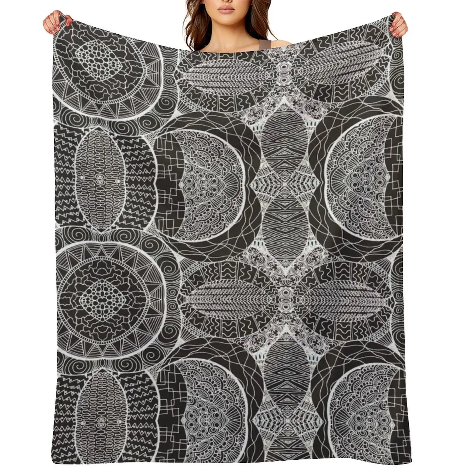 

Mamma Africa | Geometric Tribal Pattern White Outline Throw Blanket Plush Soft Big funny gift Blankets