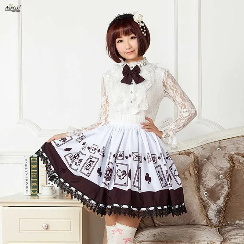 White Lolita Skirts Polyester Lace Poker Printed Cospaly Sweet Fresh Girls Dresses XS-XXL Party Princess Puff Lolita Skirts