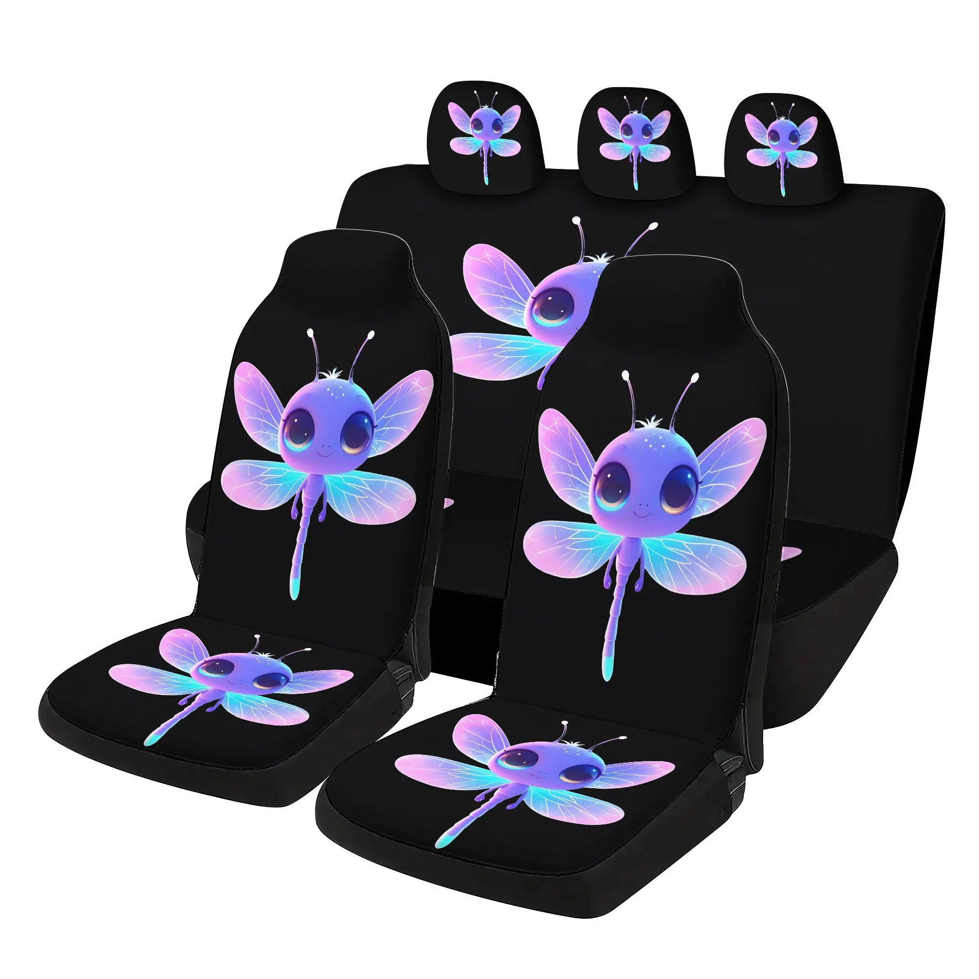 2D Flat 7pcs Dreamy Dragonfly Print Car Seat Cover, Suitable For Most Car Models - Including 2 Front Seat Covers+1 Rear Seat Bac