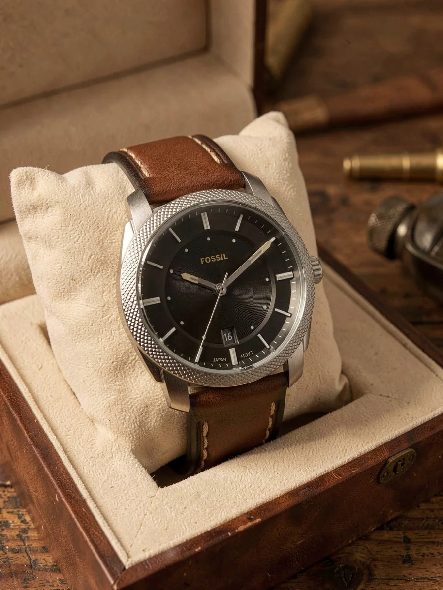 Fossil Men’s Machine Analog Watch, Silver Case Brown Leather Strap Black Sunray Dial FS6081SET