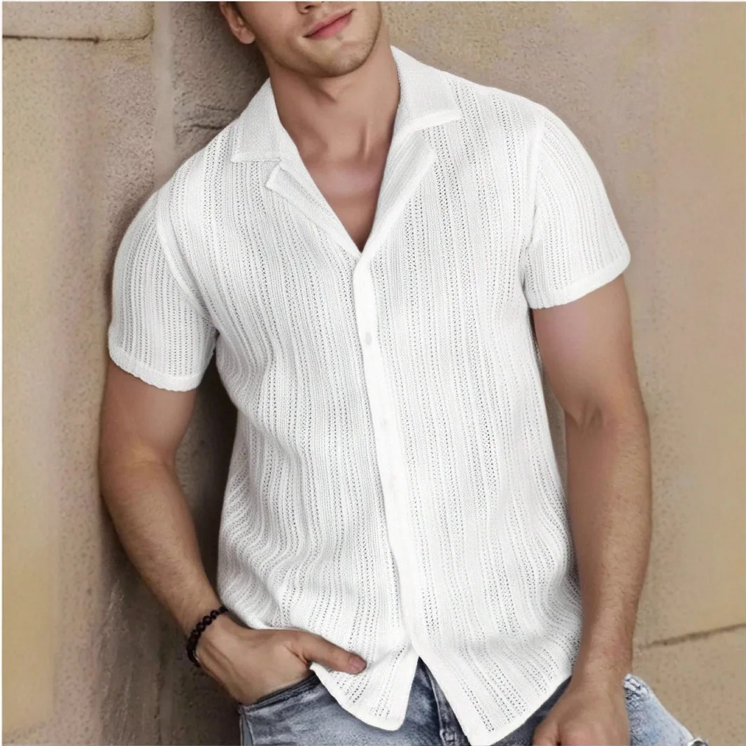Men's Casual Knit Cardigan Summer Cool Hollow Out Short-Sleeve Male Turn Collar Elegant Shirt Tops