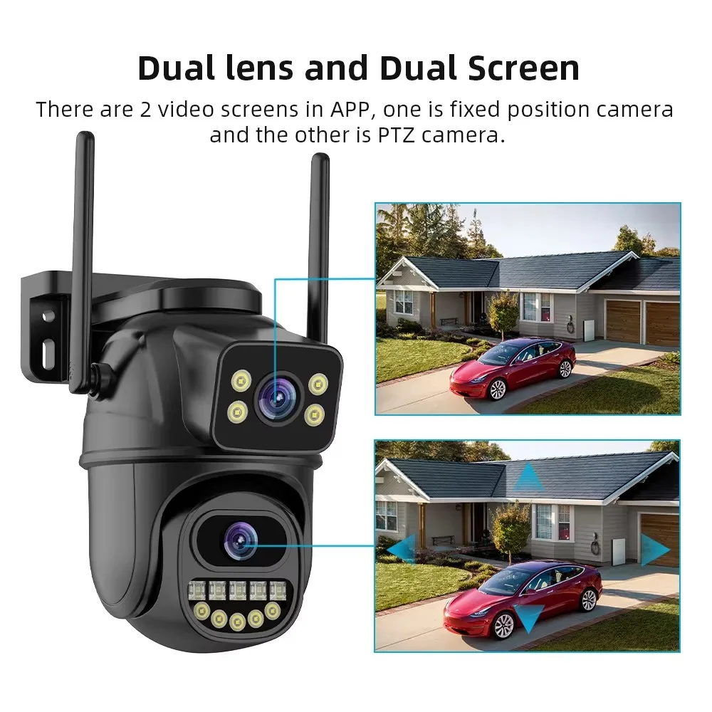 6MP HD Wifi PTZ Camera Outdoor 360° View Dual Screen CCTV 5X Zoom Security Protection Surveillance Camera ICsee Video Cam Onvif