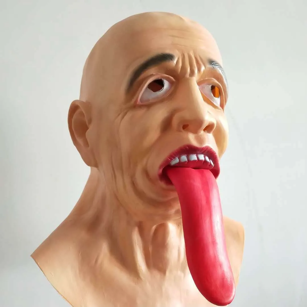 Gruselige Latex-Maske mit langer roter Zunge für den ganzen Kopf, realistische Gesichtsmaske eines Glatzkopfes, Halloween-Party-Kostüm, Cosplay-Maskerade, Scherz-Requisiten – Detail 5