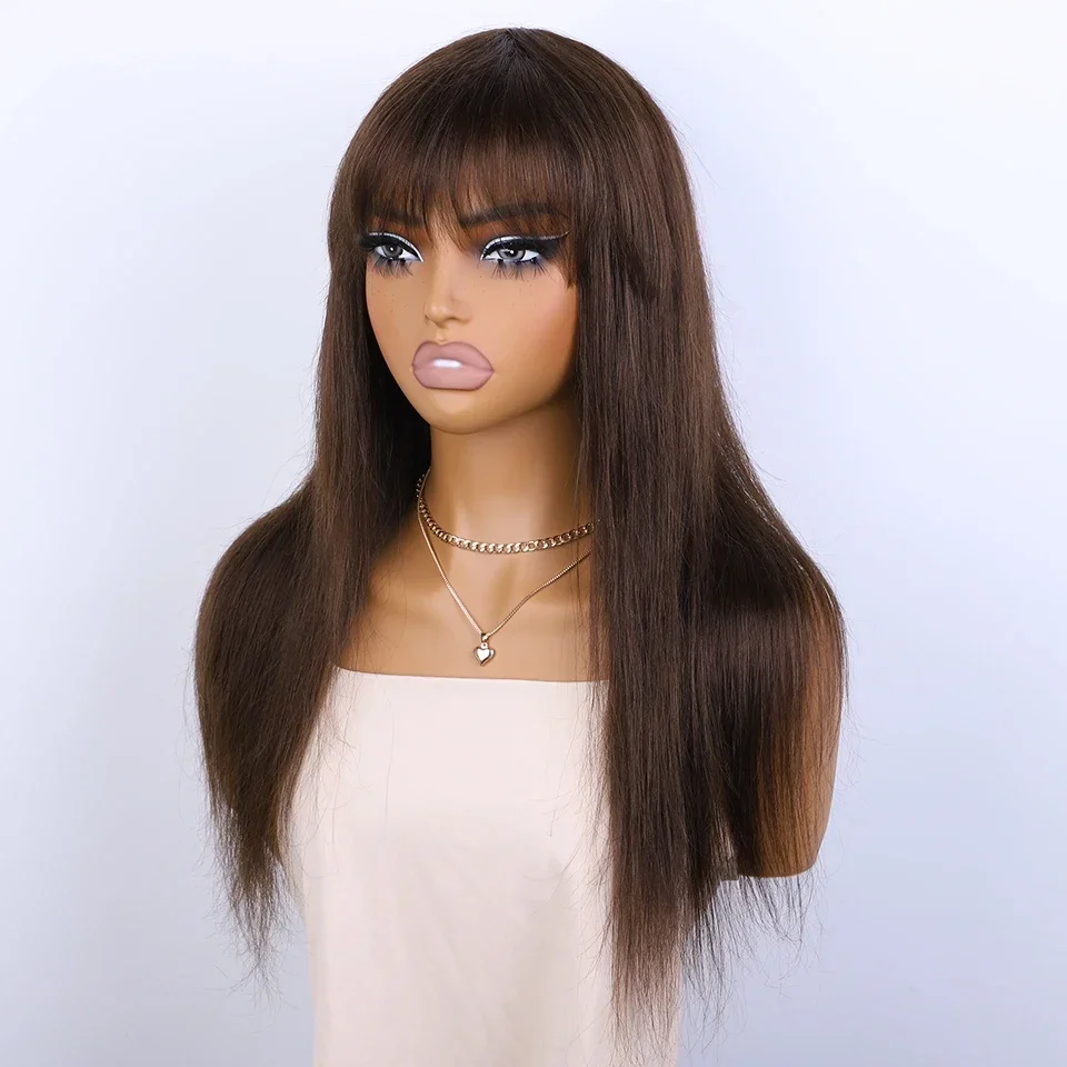 Sleek Natural Brown Long Straight 100% Human Hair Wig With Bangs For Women Brazilian Remy Hair Full Machine Made Daily Wigs