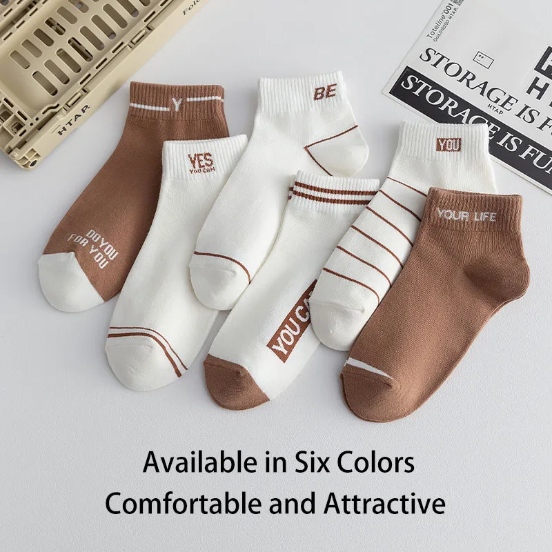 6 Pairs of Men's Spring and Autumn Striped Letter Slogans Fashionable Casual College Style Comfortable Breathable Summer Socks