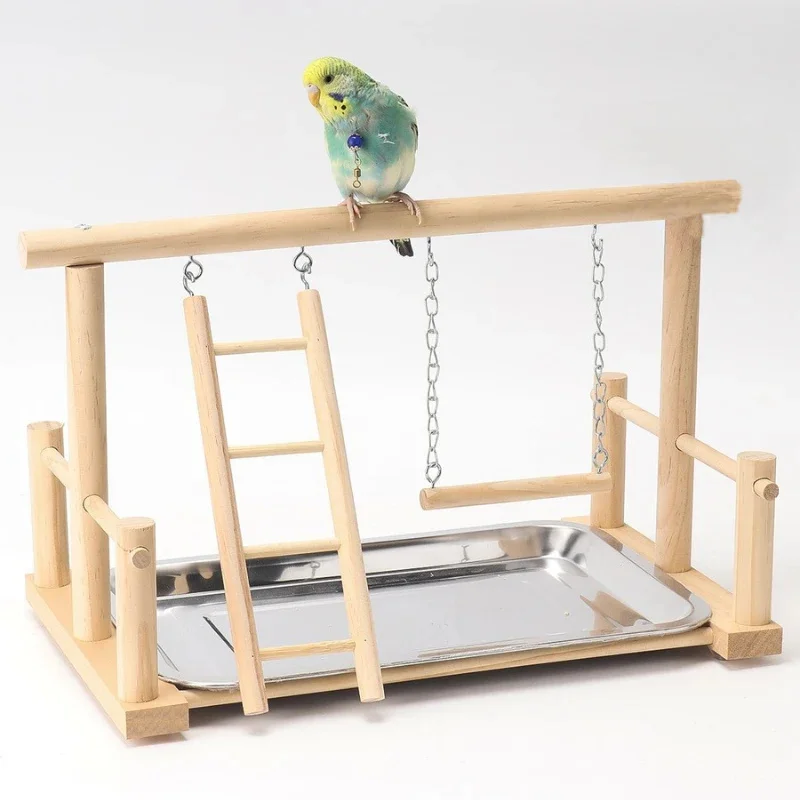 

Wooden Parrot Station Stand Multifunctional Bird Interactive Toy Ladder Swing Bird Training Stands Double Food Water Feeding Cup