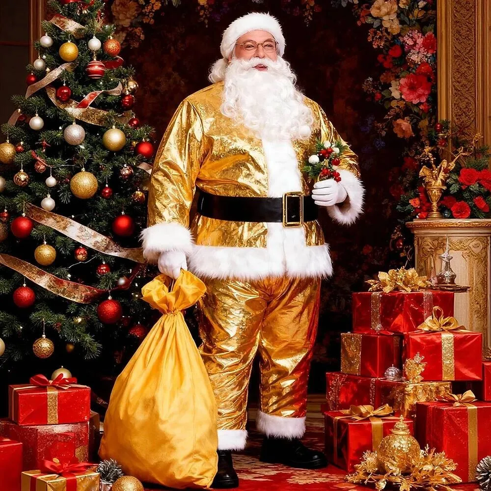 

Gold Laser Painted Leather Santa Claus Performance Costume Men's Christmas Outfit Festival Stage Ensemble