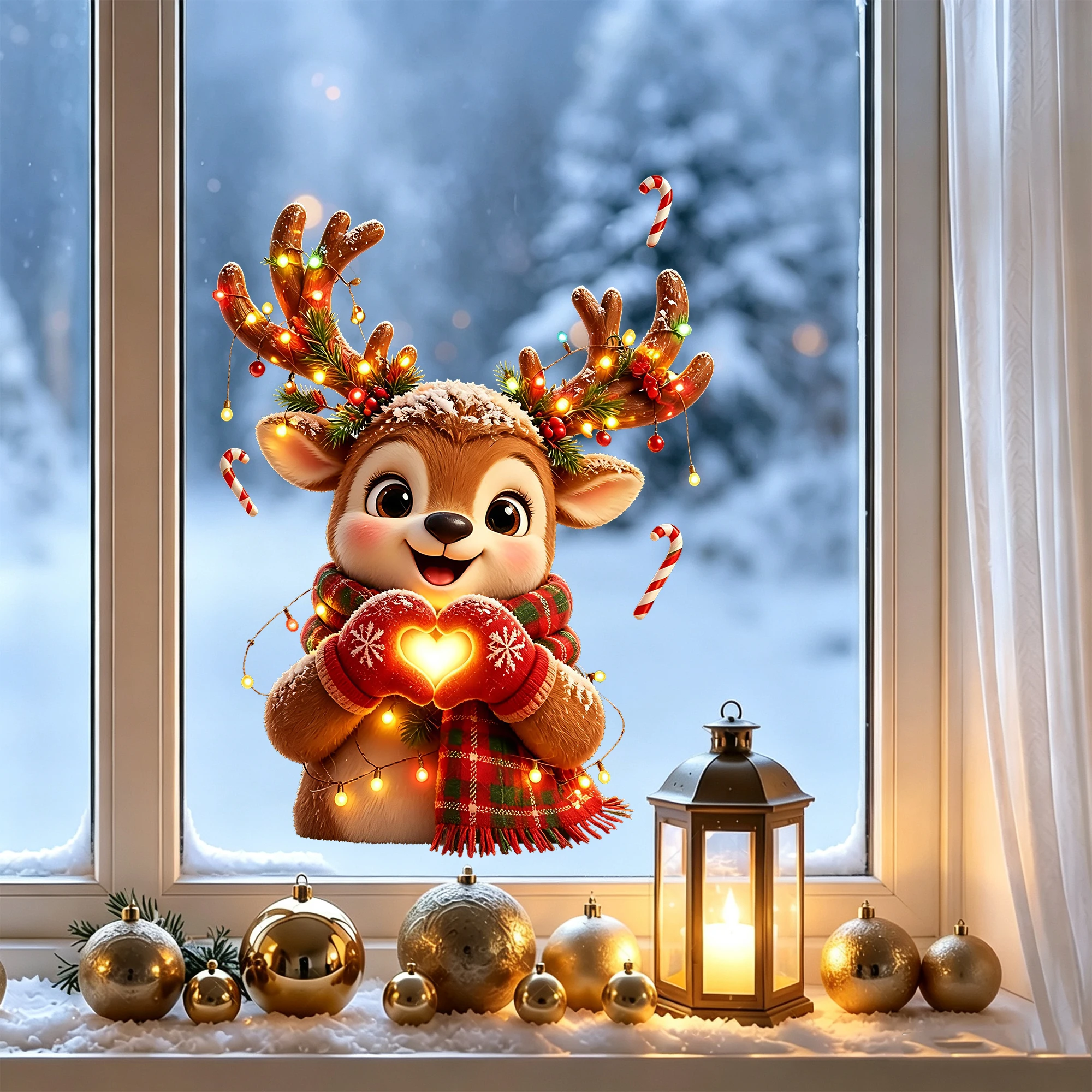 1pc Double‑Sided Visible Static Window Decal Christmas Heart‑Gesture Deer with Fairy Light DIY Removable Holiday Glass Sticker