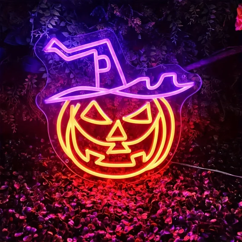 

Halloween Neon Lamp with Pumpkin and Magic Hat Ideal for Home Bedroom Party Wedding Bar Wall Decor USB Powered Halloween Decor