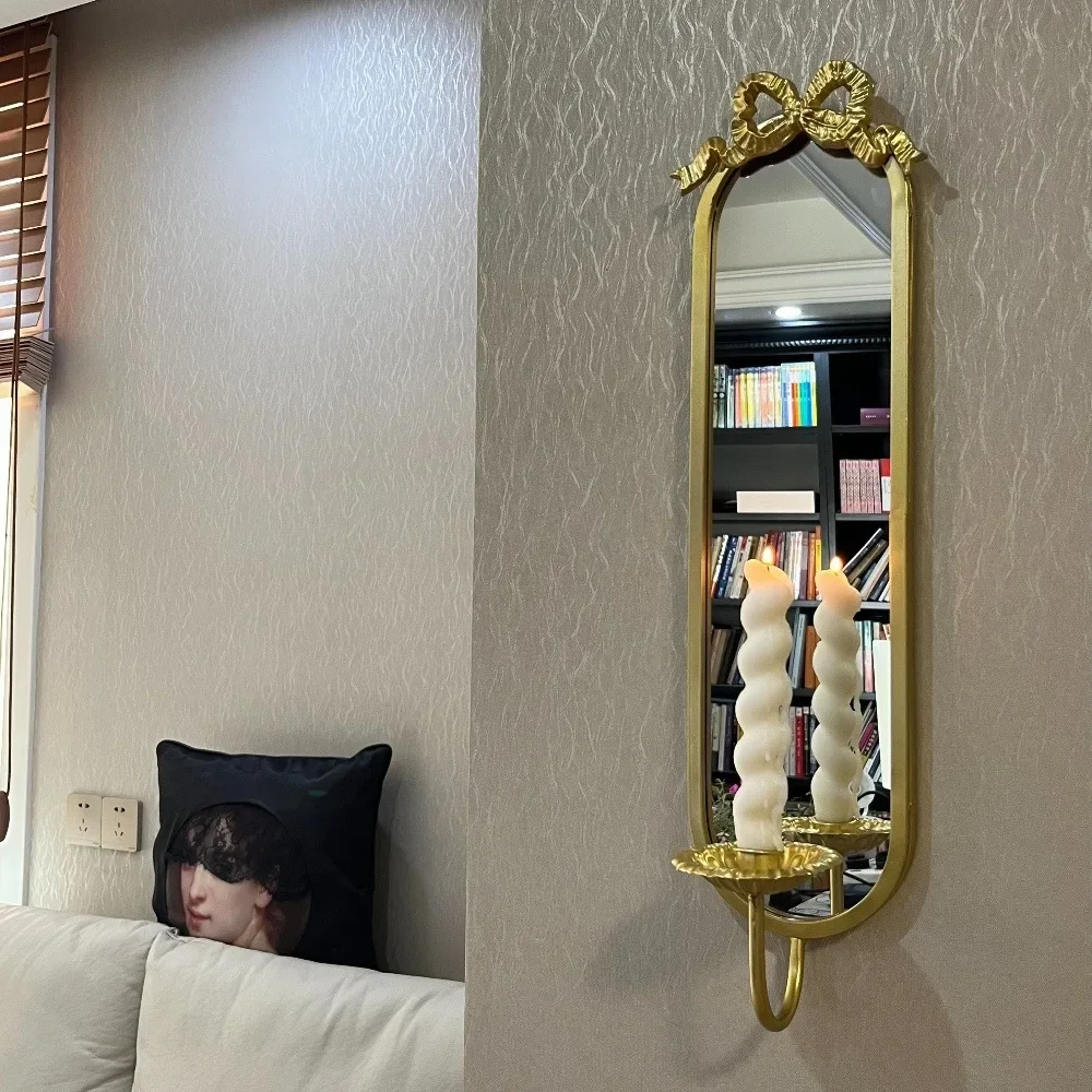 Wall Mounted Bow Mirror Candle Holder Vintage Wrought Iron Wall Decor Candlestick Shooting Props Home Fragrance Decoration Gifts