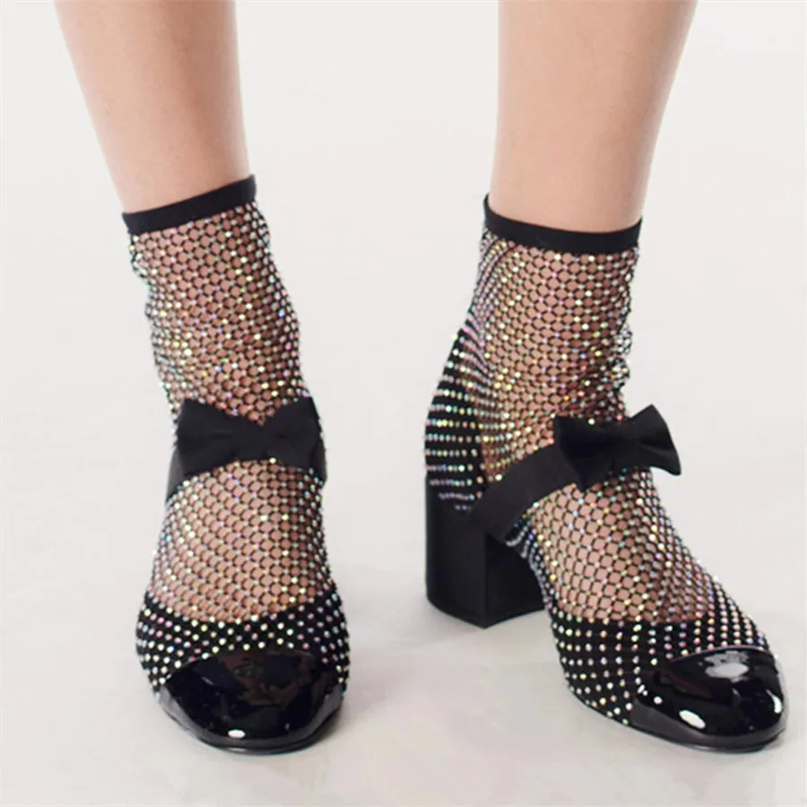 

2024 New Women Ankle Boots Sweet Bowknot Full Rhinestone Short Booties Chunky High Heel Mesh Summer Boats Designer Dress Shoes