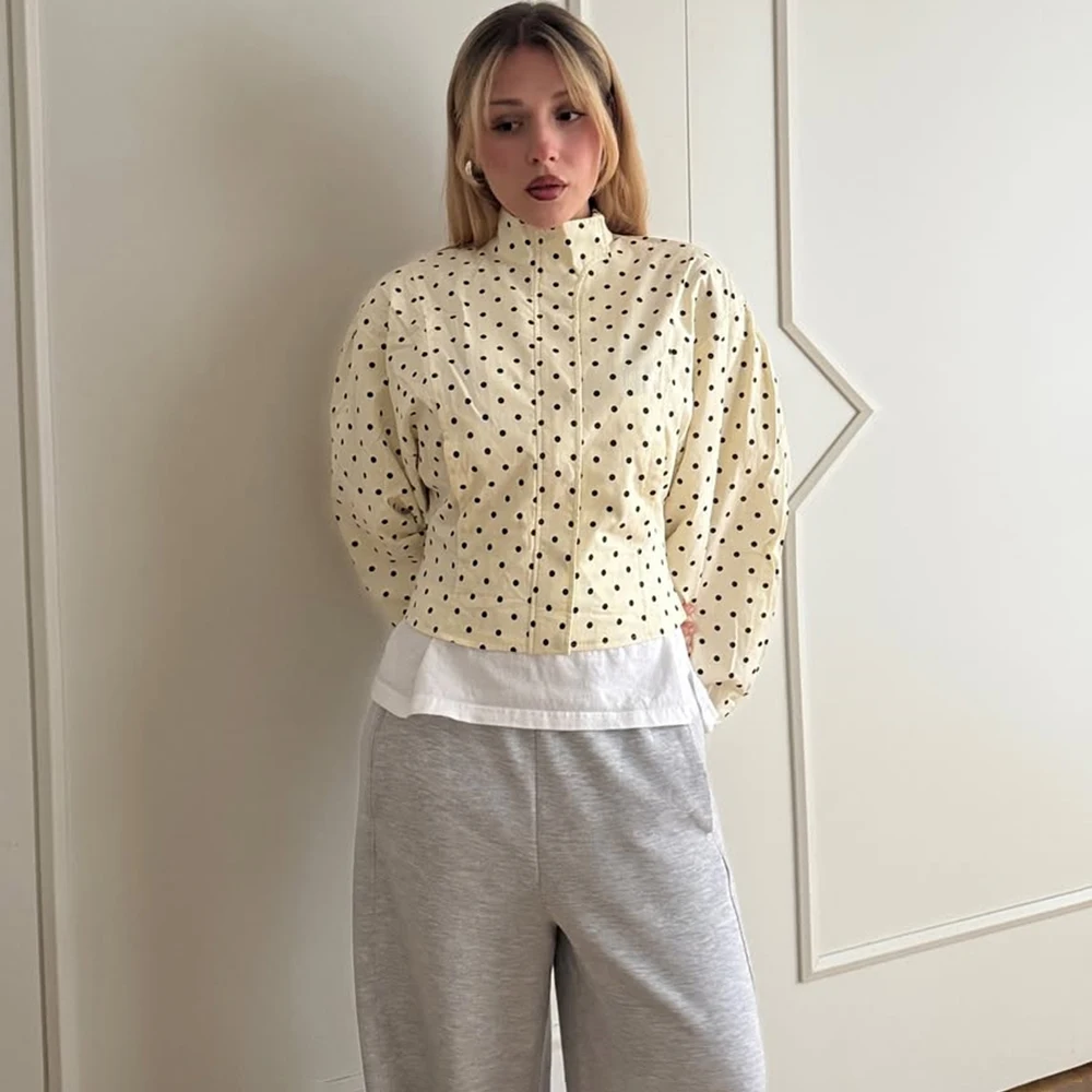 Ticketsx Polka Dot Stand Neck Short Jackets Women Fashion Long Sleeve Patchwork Contrast Slim Coats Casual Lady Street Outerwear