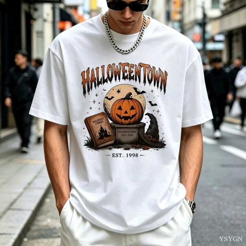Halloweentown Est 1998 Vintage Pumpkin Witch Hat Graphic T Shirt Men Moon Bat Spell Book Print Tee Casual Short Sleeve Top