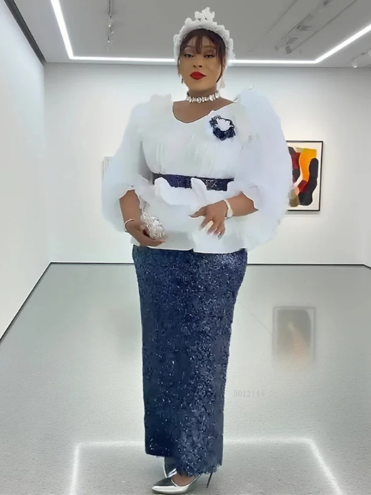 

African Dresses For Women 2025 New Evening Party Wedding Dress Plus Size Sequin Gowns Elegant Gauze Tops Puff Sleeve Clothes