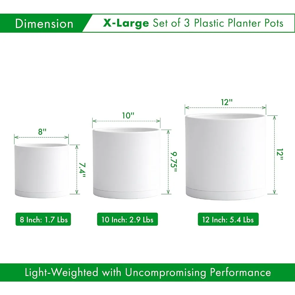 8 Inch 10 Inch 12 Inch, Set of 3 Plastic Planter Pots for Plants with Drainage Hole and Seamless Saucers, White Color, X-Large