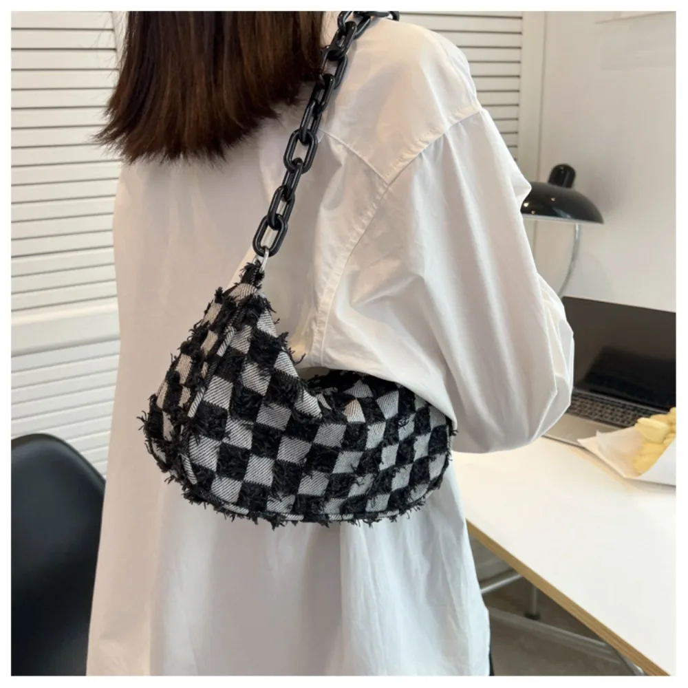 Bolso de hombro con estampado de cuadros para mujer, bolso informal con cadena de tela vaquera para ocio