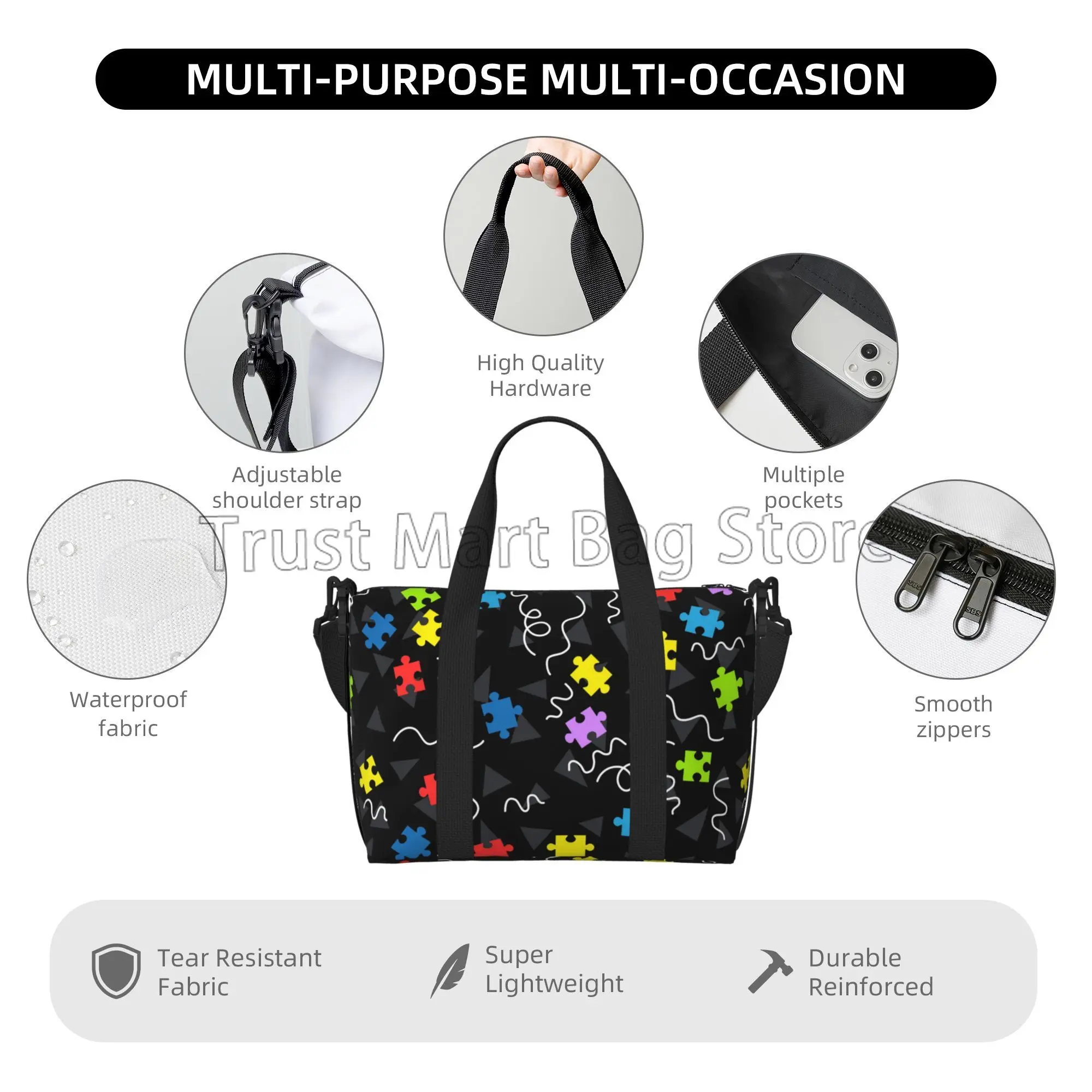 Autism Awareness Print Hand Travel Duffel Bag for Women Men Colorful Puzzle Piece Waterproof Weekend Overnight Bags Luggage Bag