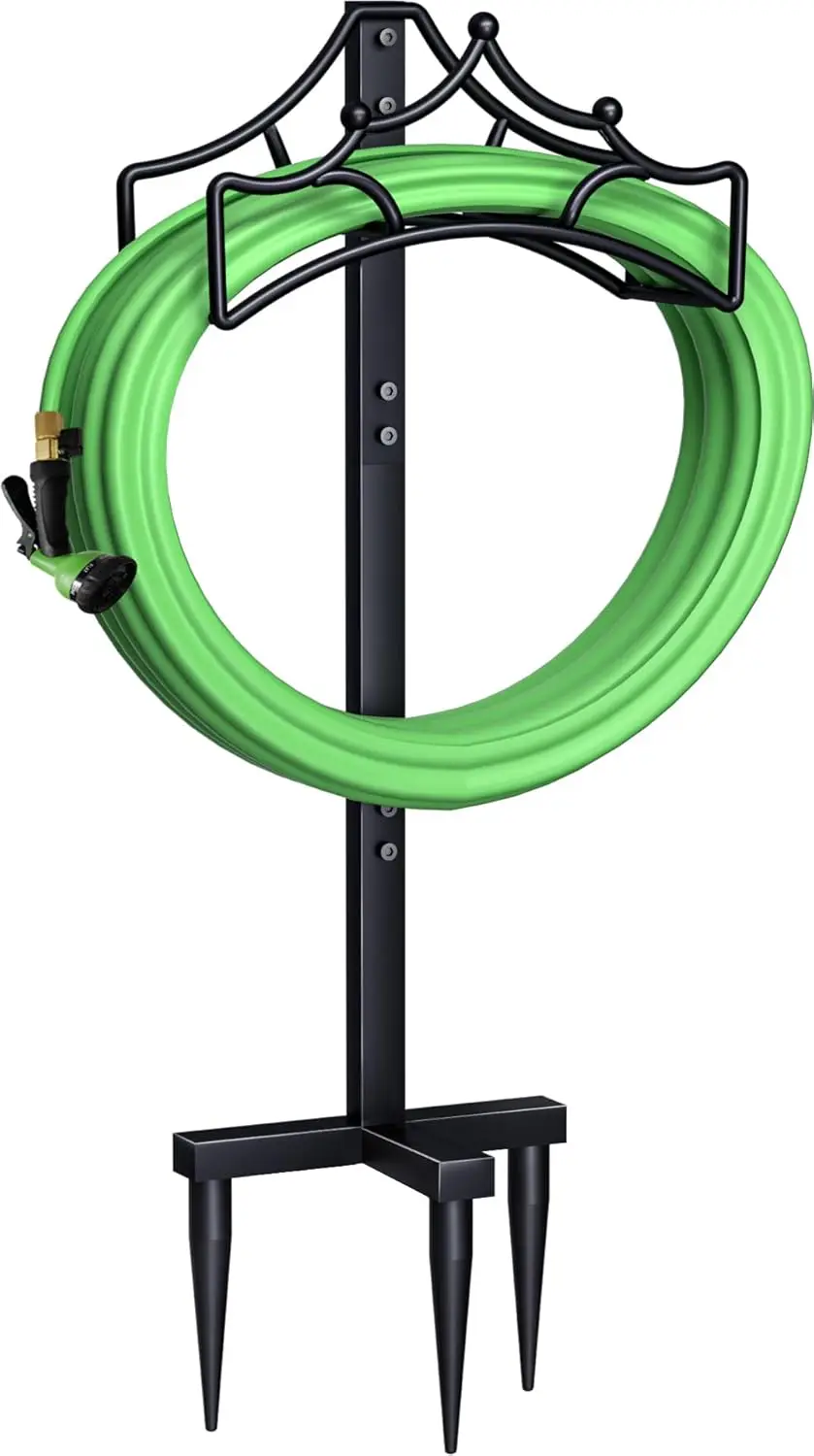

Freestanding Garden Hose Stand Holder - Metal Water Pipe Reel Rack for Outdoor, Shiny Black