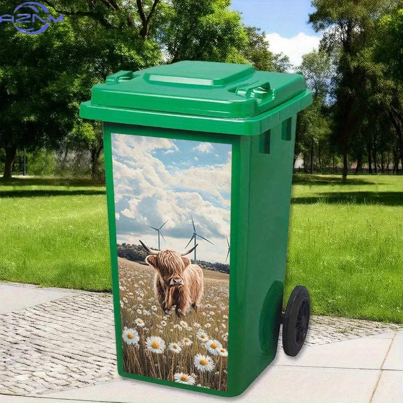1pc Highland Cow with Daisies & Wind Turbines Trash Can Stickers - Scottish Countryside Energy Decor, Self-Adhesive PVC Bathro