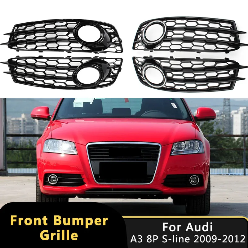 2Pcs Car Front Bumper Fog Light Mesh Grille Fog Lamp Honeycomb Grill Cover For Audi A3 8P S-Line 2009-2012 8P0807682 8P0807681